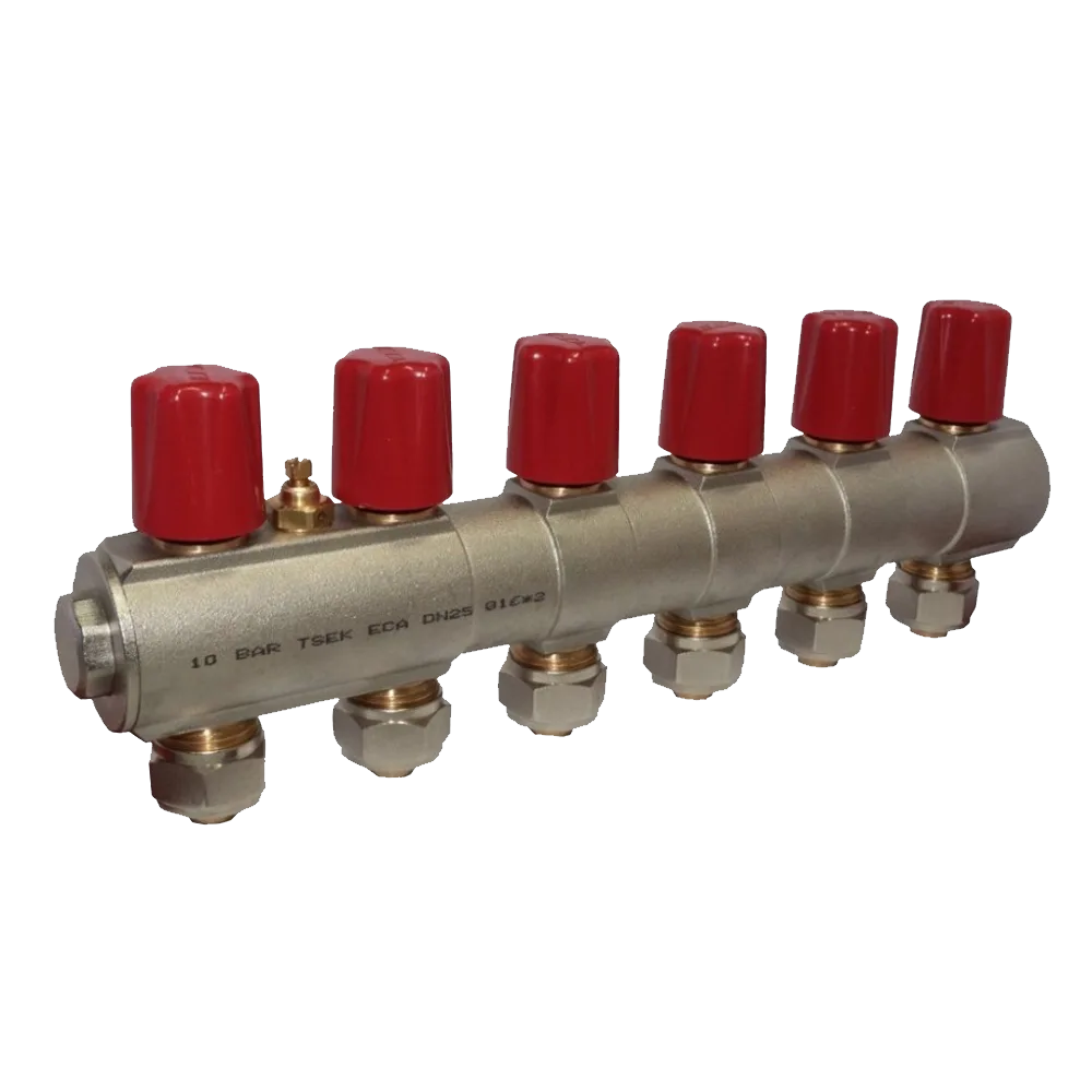 ECA 1" Kendinden Vanalı Kollektör – 6 Ağız, Kırmızı Volan (Ø16x2 mm)