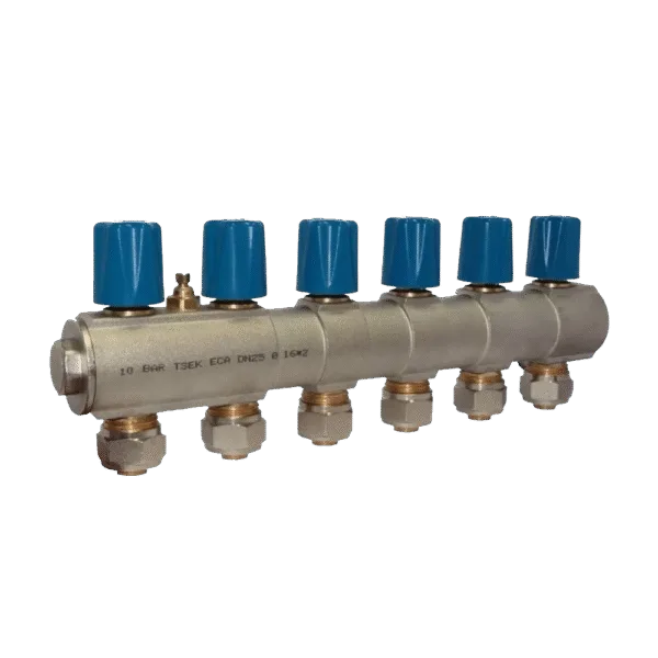 ECA 1" Kendinden Vanalı Kollektör – 6 Ağız, Mavi Volan (Ø16x2 mm)
