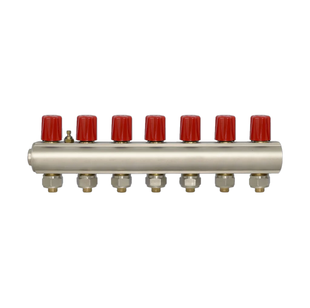 ECA 1" Kendinden Vanalı Kollektör – 7 Ağız, Kırmızı Volan (Ø16x2 mm)