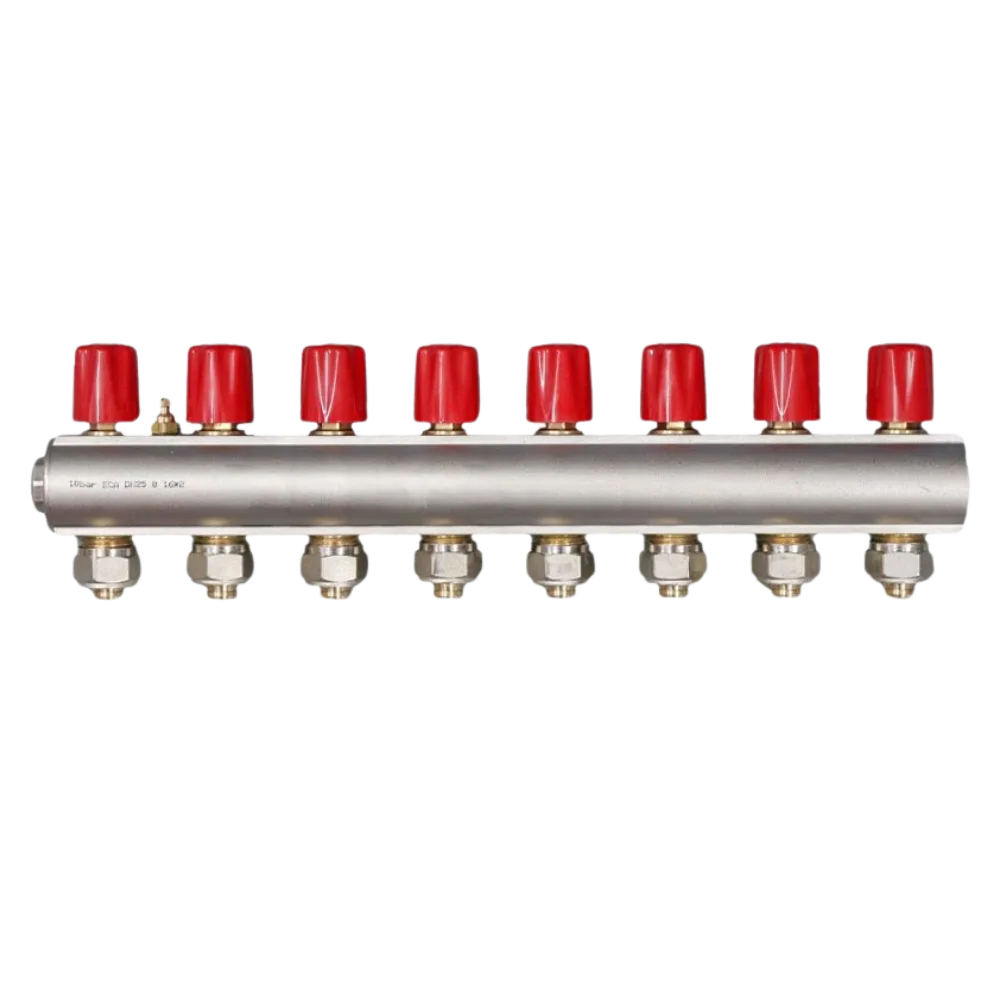 ECA 1" Kendinden Vanalı Kollektör – 8 Ağız, Kırmızı Volan (Ø16x2 mm)